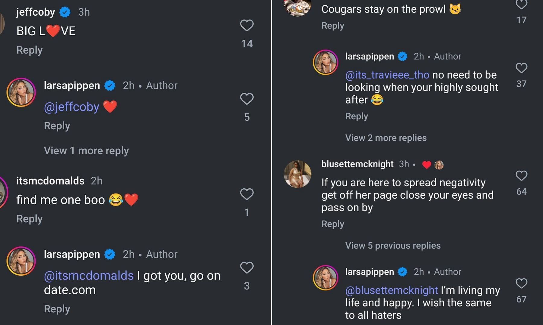 Larsa Pippen’s interaction with fans under her latest post with boyfriend Jeff Coby.